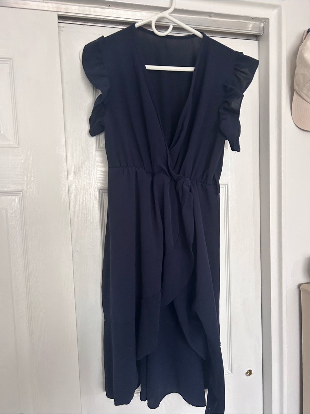 Ladies Navy Ruffle Sleeve Wrap Dress